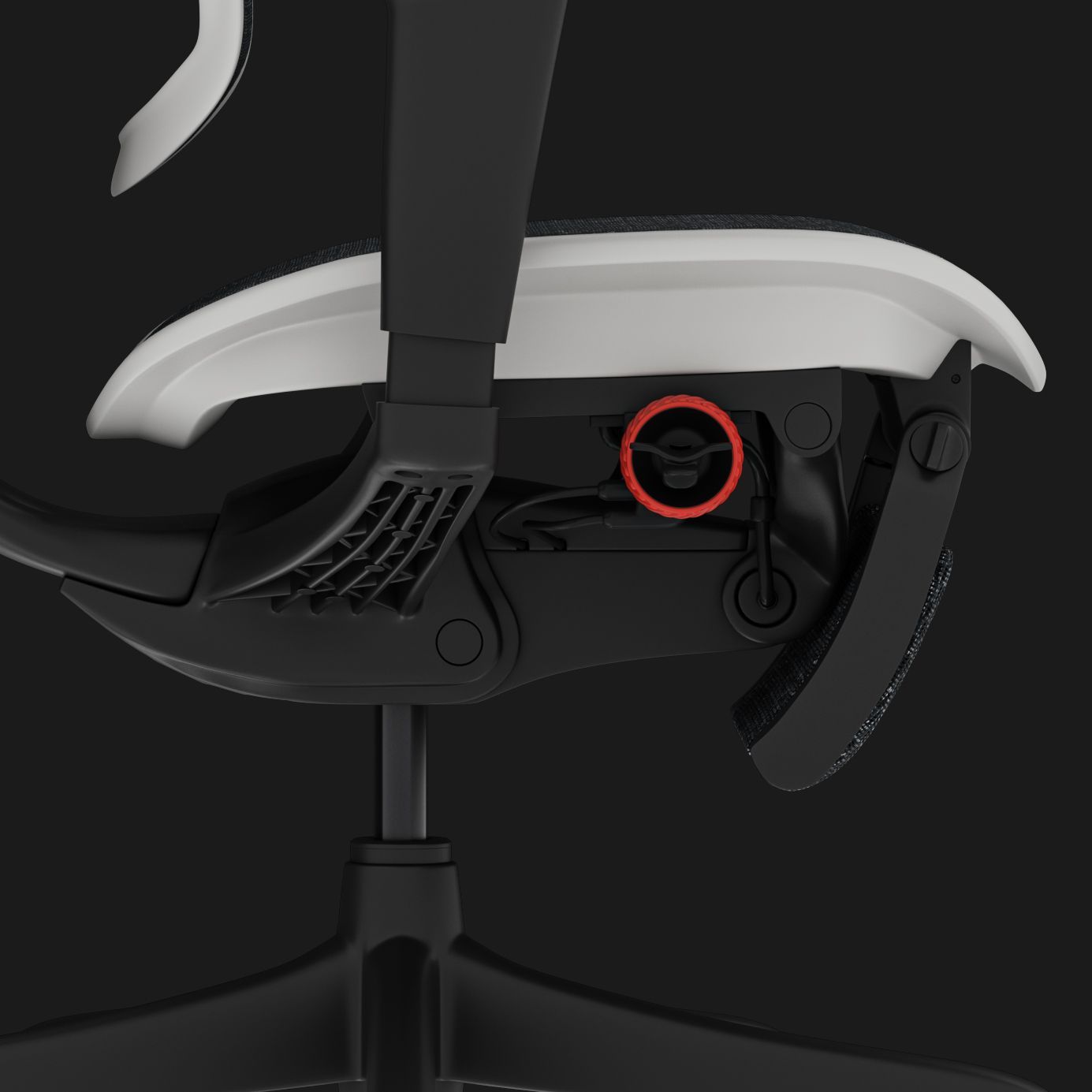 Close up of the profile view of the synchro tilt mechanism on the black Ergohuman Ultra. The mechanism is circled in red, making it stand out.