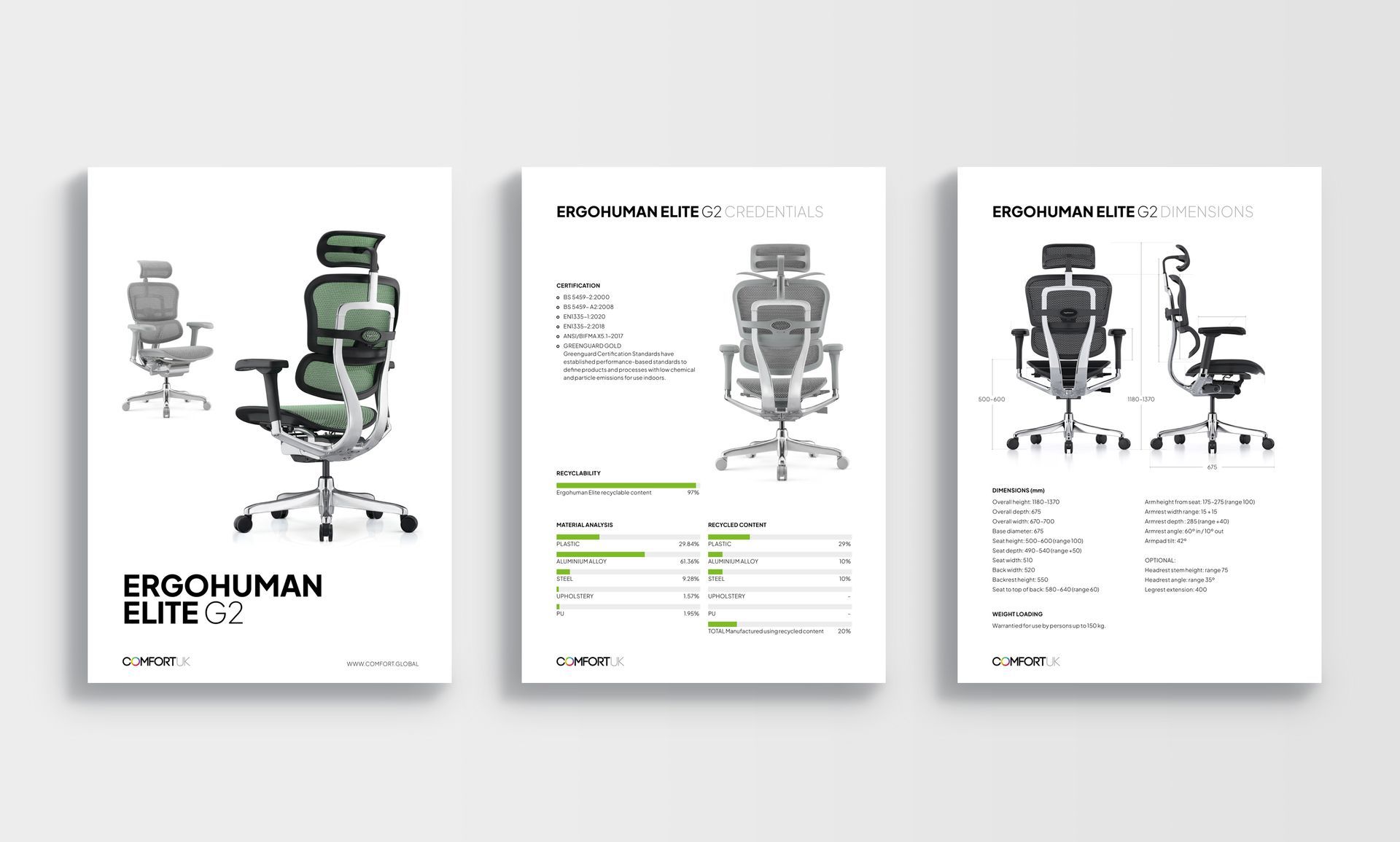 Image of three pages from the Ergohuman Elite G2 office chair specification sheets with images, dimensions, and certification details.