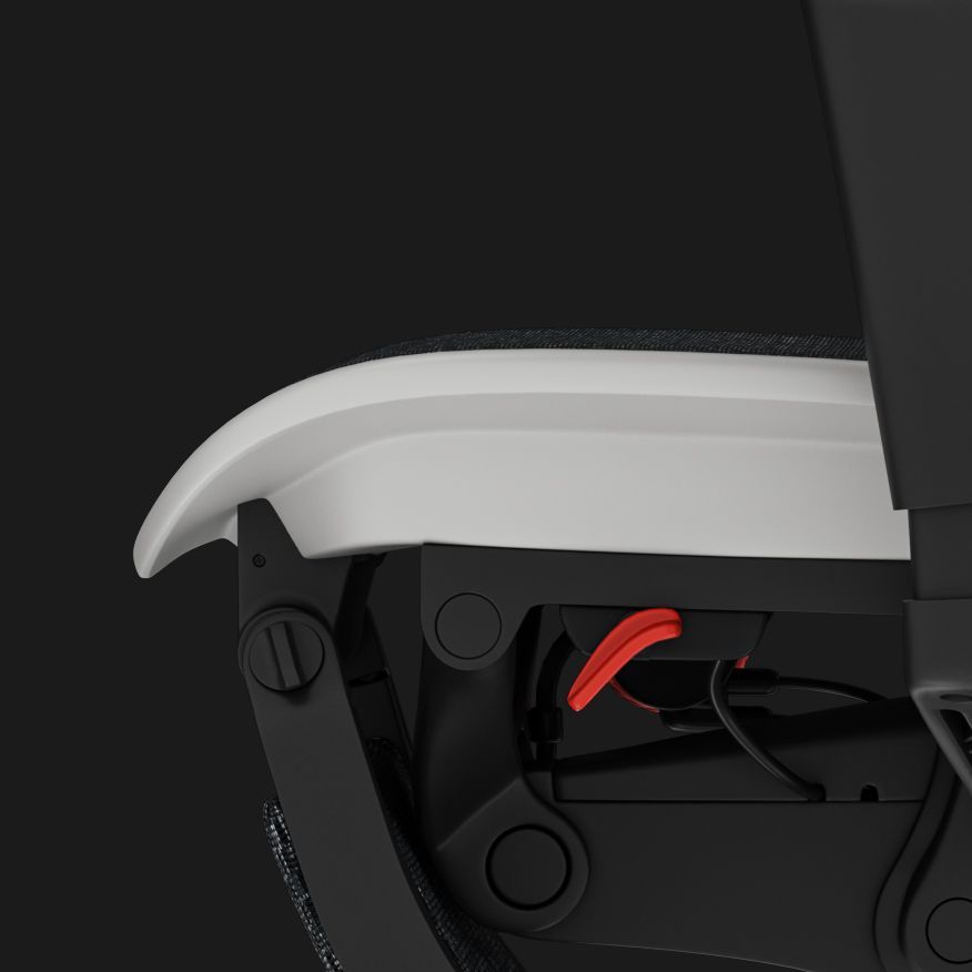 Profile view of the waterfall seat front on the white Ergohuman Ultra