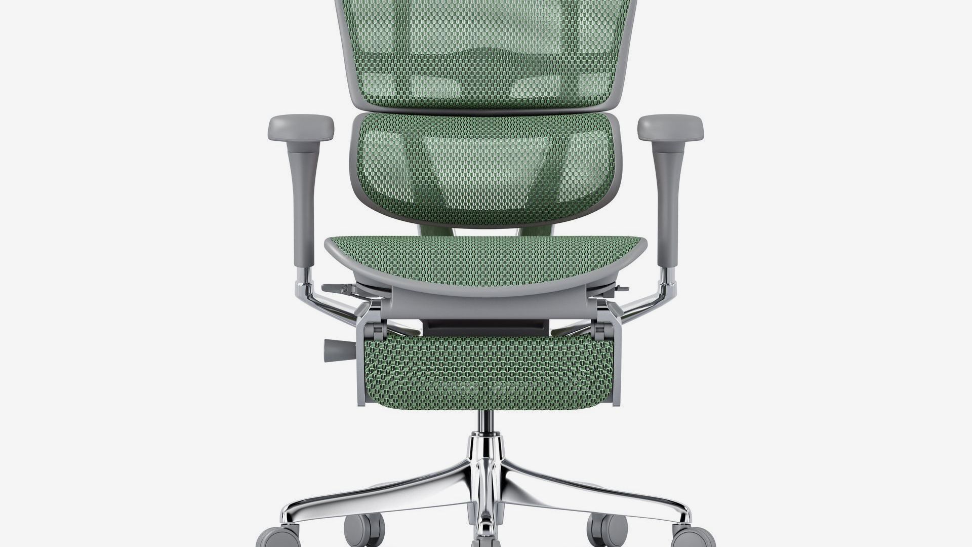 Ergohuman grey frame green mesh front view with legrest down