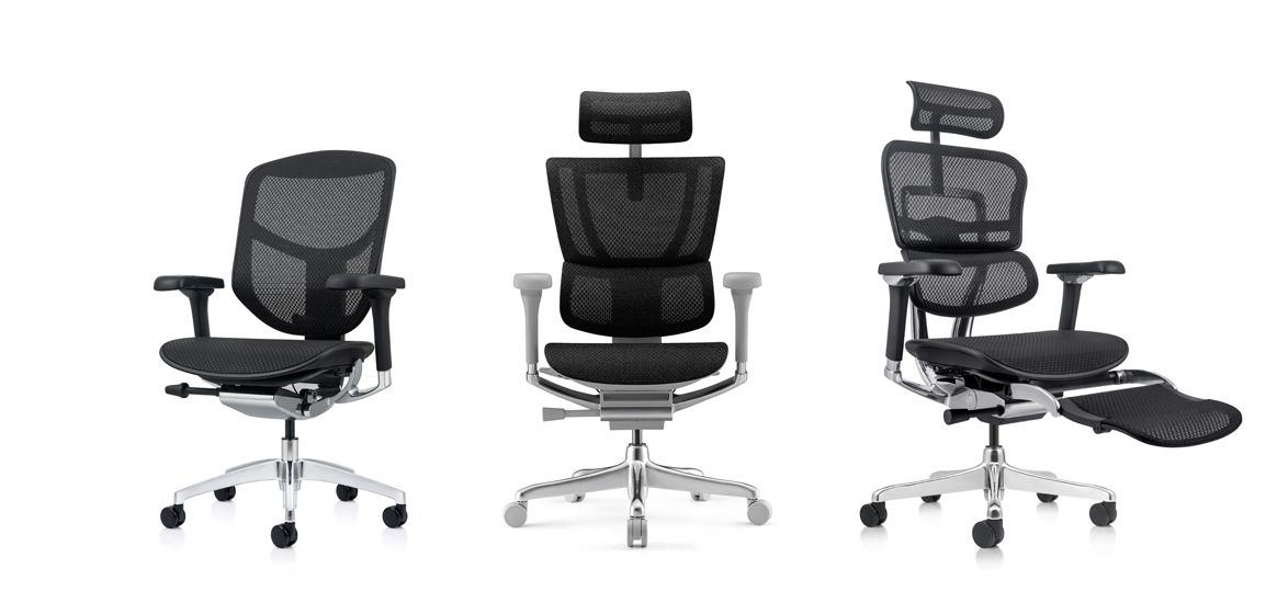 Three different types of office chairs are sitting next to each other on a white background.