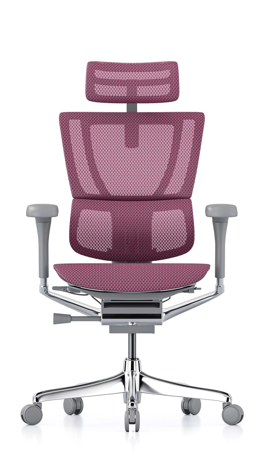 Front view of the Mirus Elite office chair in pink with grey frame, including optional headrest.