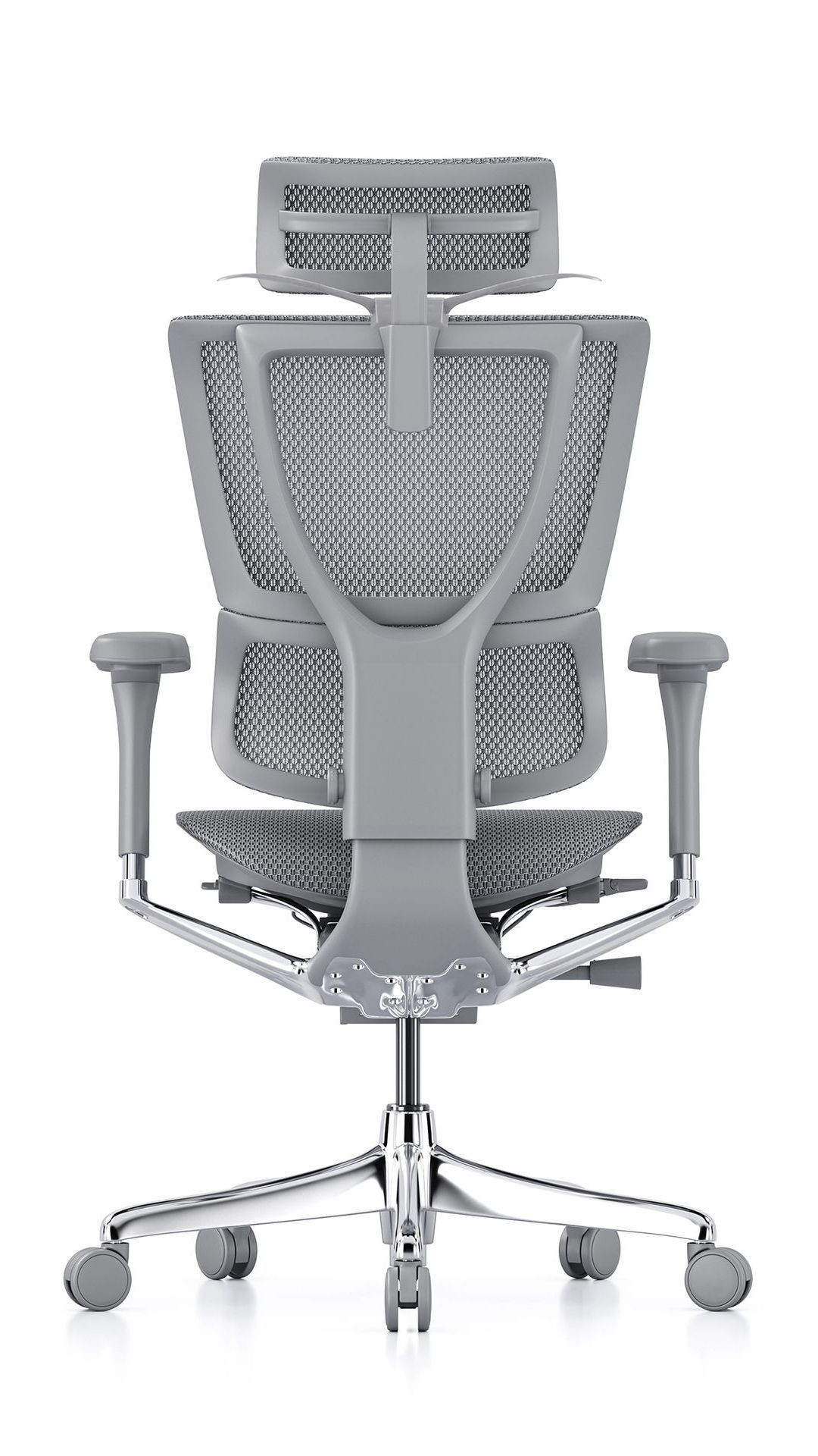 Rear view of Mirus office chair in grey with grey frame, including optional headrest and pop-up coat hanger. 