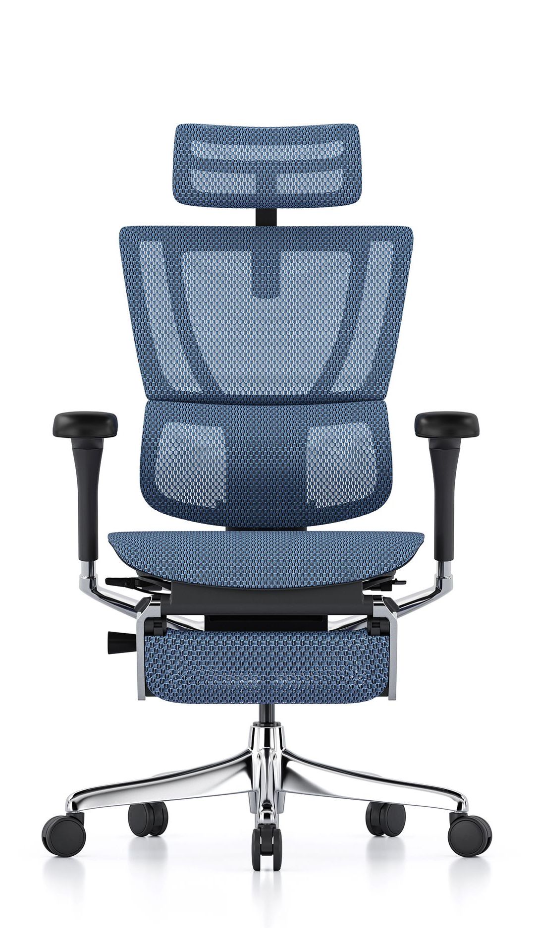 Front view of the Mirus Elite office chair in grey with grey frame, including optional headrest and legrest.