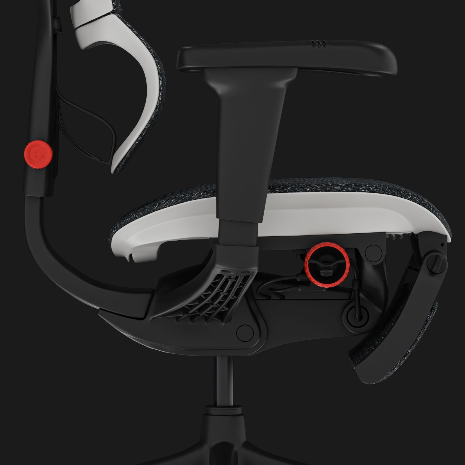 Close up of the profile view of the synchro tilt mechanism on the black Mirus Ultra. The mechanism is circled in red, making it stand out.