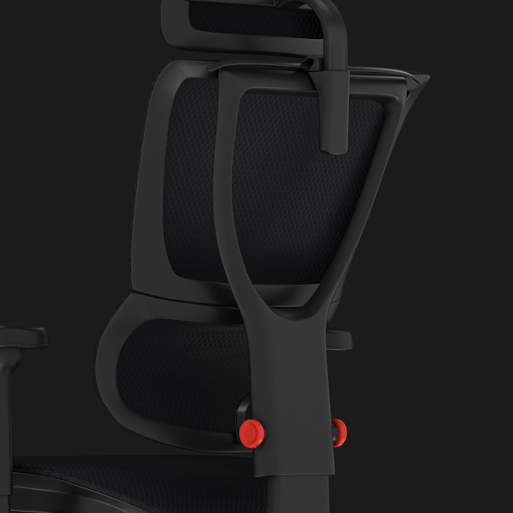 Back view of the supportive split back with independent lumbar and thoracic support. The chair is black and grey, with a red lever.