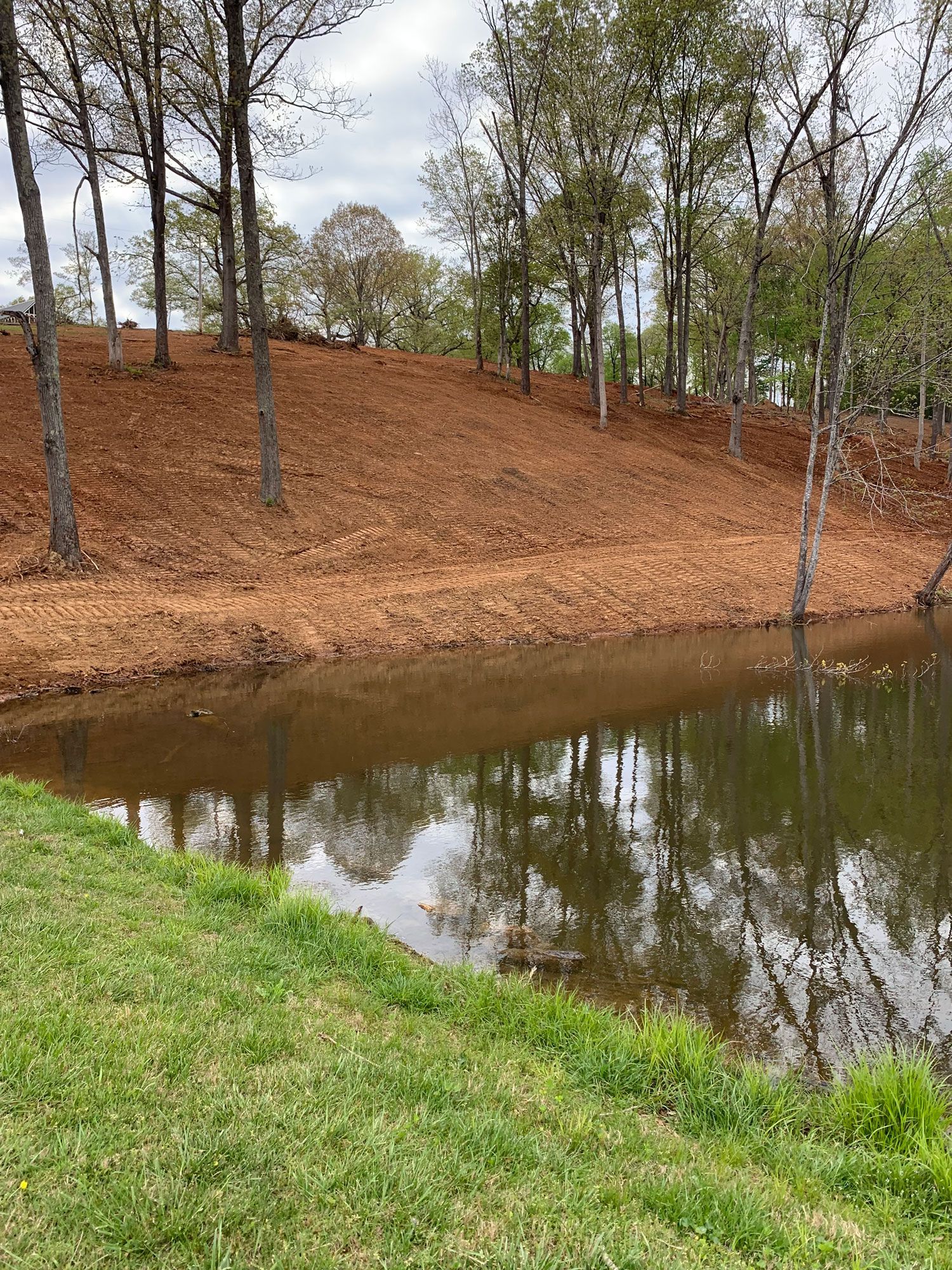 Pond with red-brown hillside, green grass, and trees reflecting in the water under a cloudy sky.