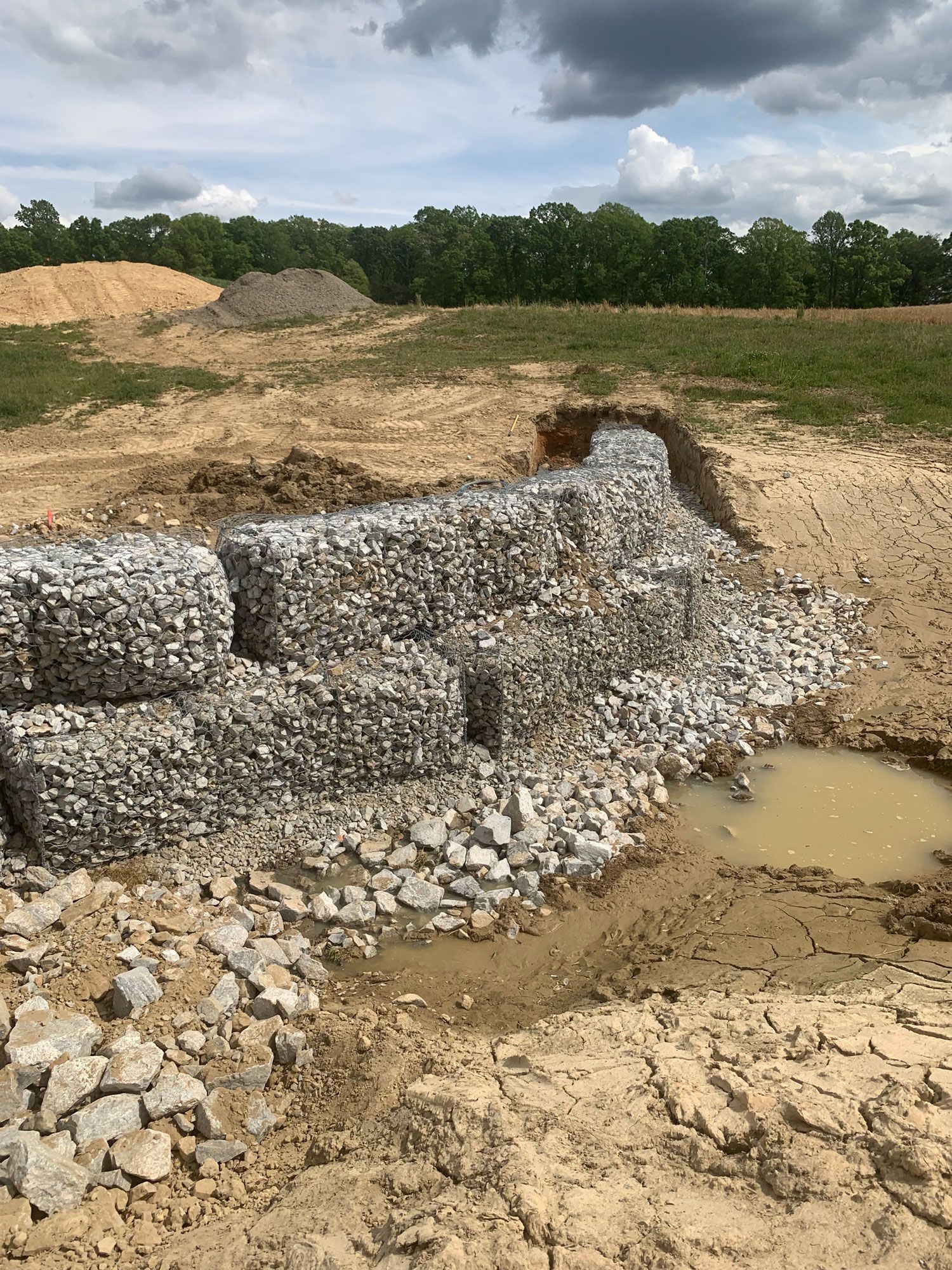 Red excavator digging in a construction site, among trees and buildings.