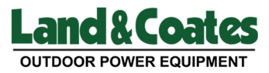 Land & Coates logo, green text: Land & Coates. Below: OUTDOOR POWER EQUIPMENT, dark font, on a white background.
