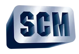 SCM logo: Silver metal rectangular block with the letters 