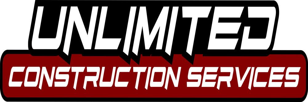Logo for Unlimited Construction Services, with white text on a black and red background.