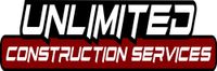 Logo for Unlimited Construction Services, with white text on a black and red background.