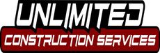 Logo for Unlimited Construction Services, with white text on a black and red background.