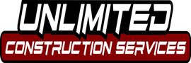 Logo for Unlimited Construction Services, with white text on a black and red background.