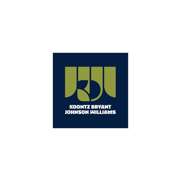 Logo for Koontz Bryant Johnson Williams. Dark blue square with gold lettering and symbols.