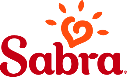 Sabra logo: Red wordmark with a heart-sun icon in orange.
