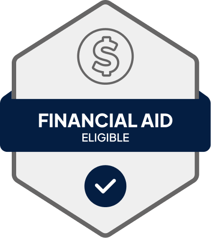 Badge: Financial Aid Eligible, blue banner, building icon, dollar sign.