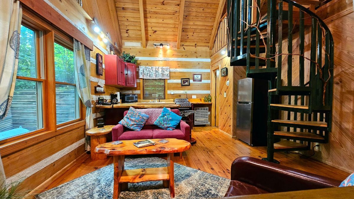 kitchen and spiral staircase