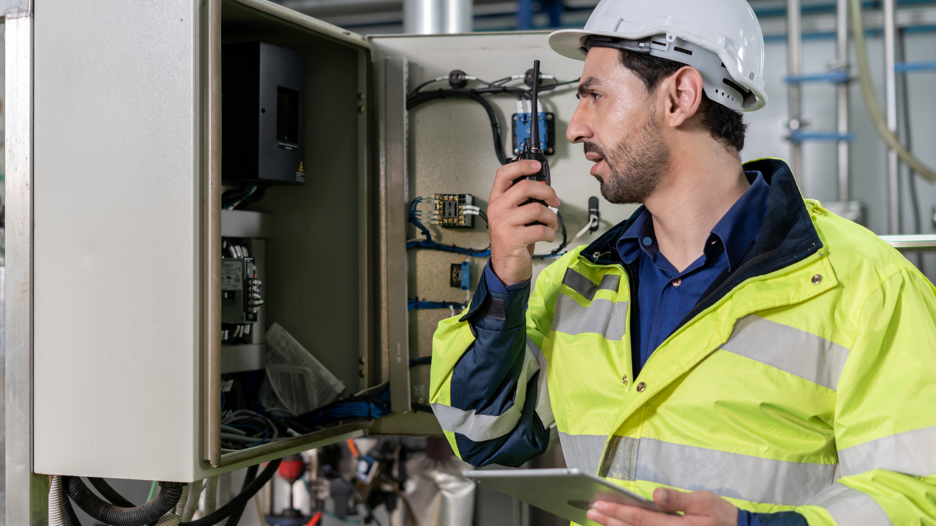 A worker in safety gear uses a two-way radio to communicate while inspecting electrical equipment in