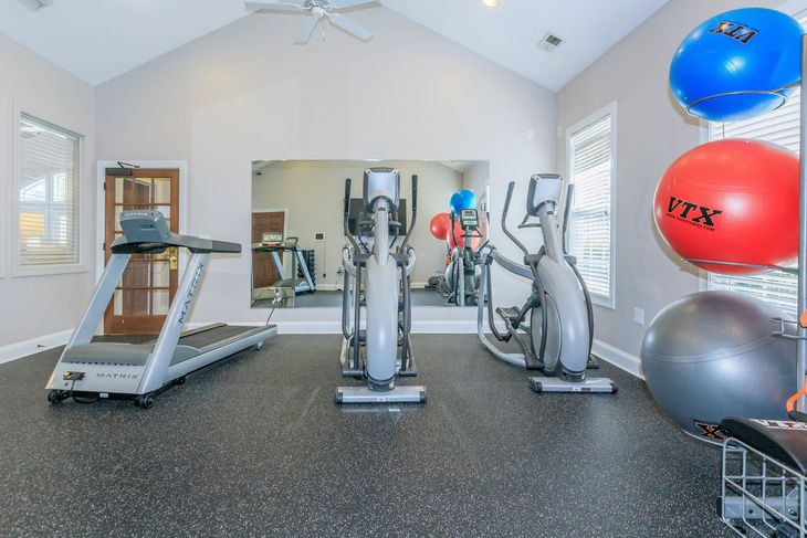 Gym with treadmill, elliptical machines, and exercise balls.