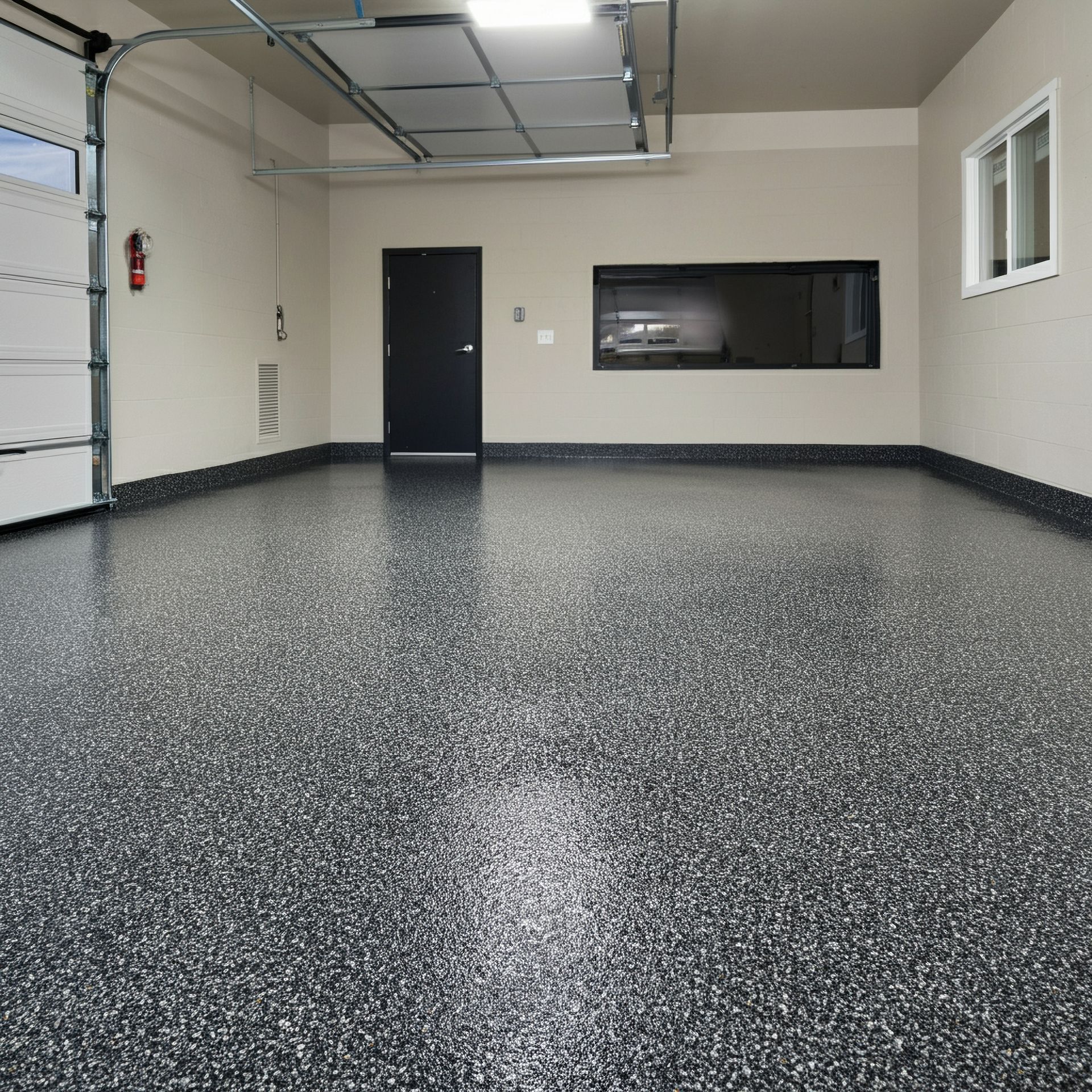 A garage with a black door and a window