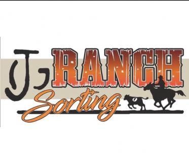 Logo for J.G. Ranch Sorting featuring orange text, a horse rider, and a calf against a horizontal tan bar.