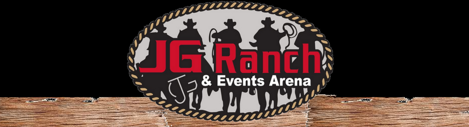 Logo for JG Ranch & Events Arena featuring a rope-bordered oval with silhouette cowboys on horseback in red and black.