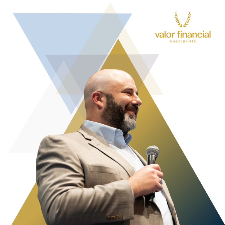 A man in a suit is holding a microphone in front of a logo for valor financial services