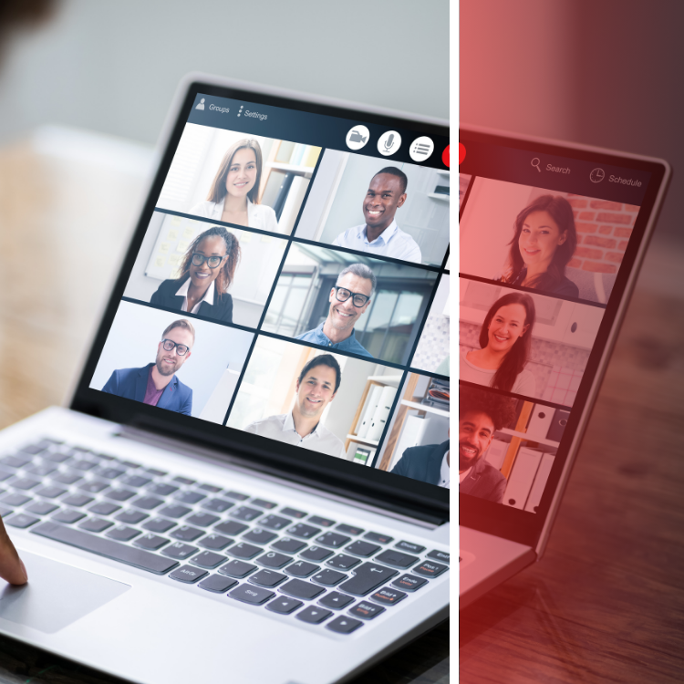A laptop with a group of people on the screen