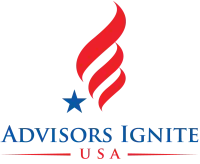 The logo for advisors ignite usa has a red flame and a blue star
