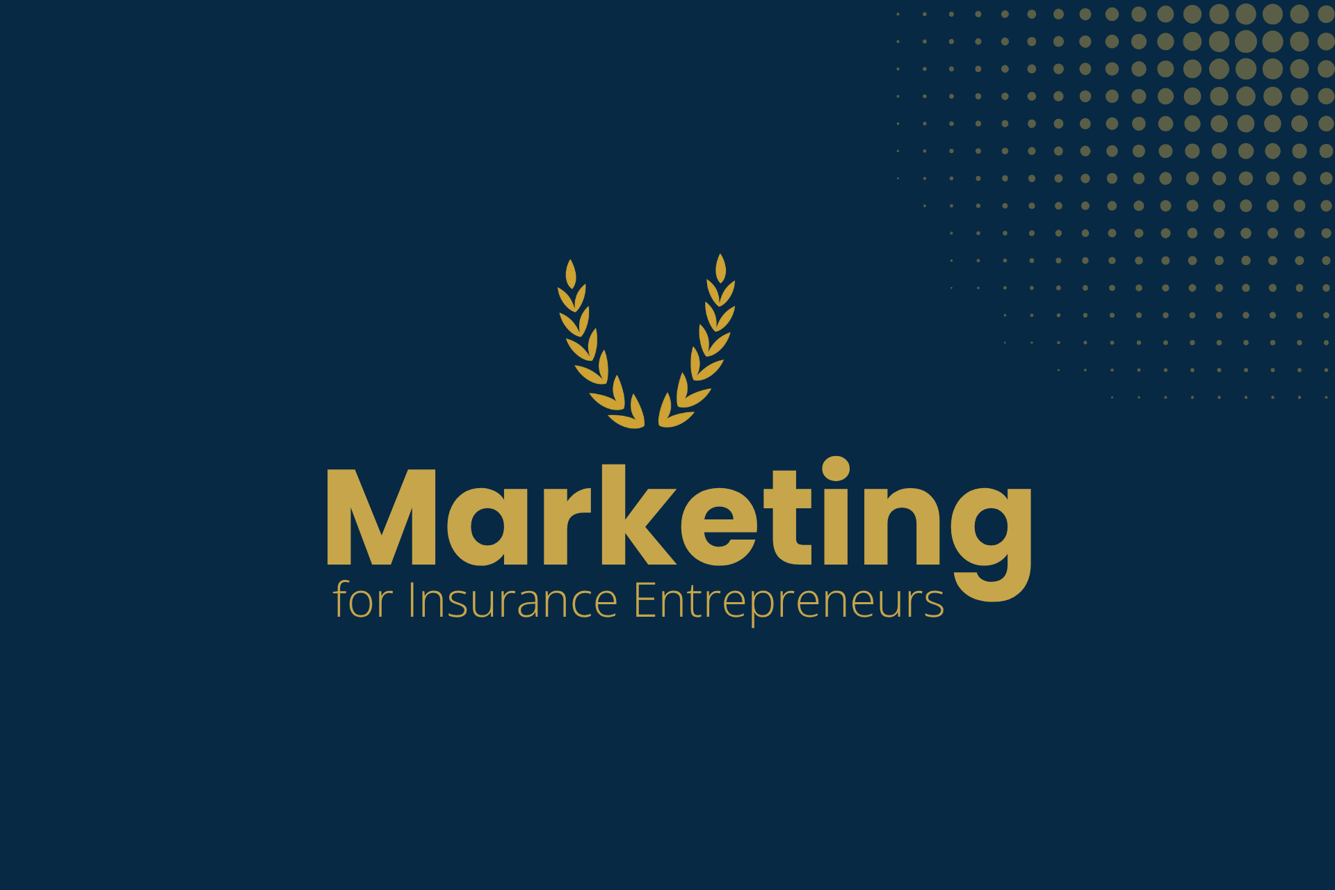 A logo for marketing for insurance entrepreneurs with a laurel wreath on a blue background.