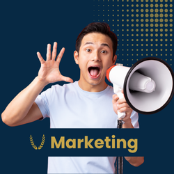 A man is holding a megaphone in front of a sign that says marketing