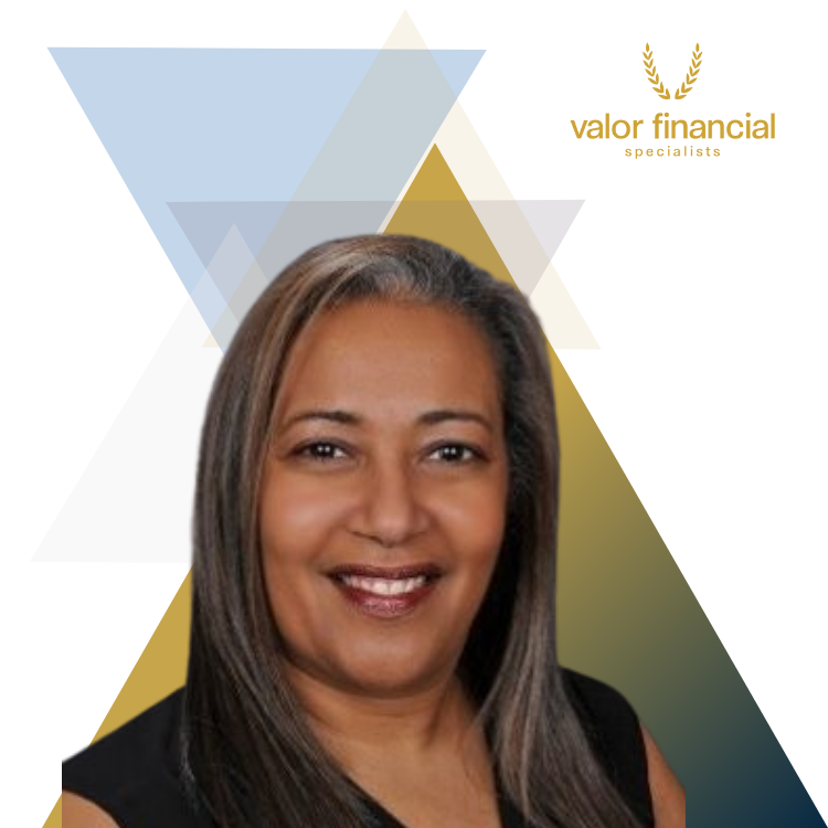 A woman is smiling in front of a sign that says valor financial
