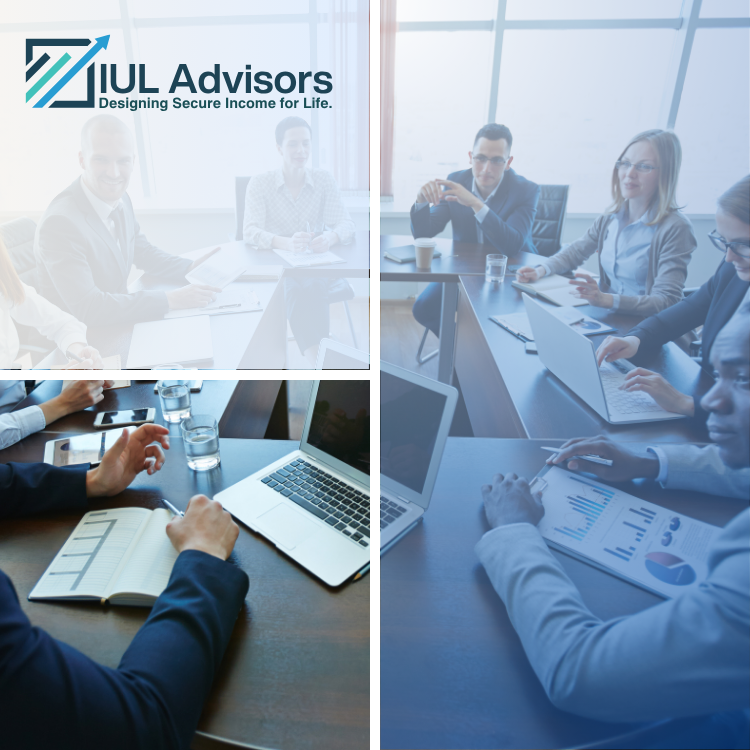 A group of people are sitting around a table with laptops and a sign that says iul advisors