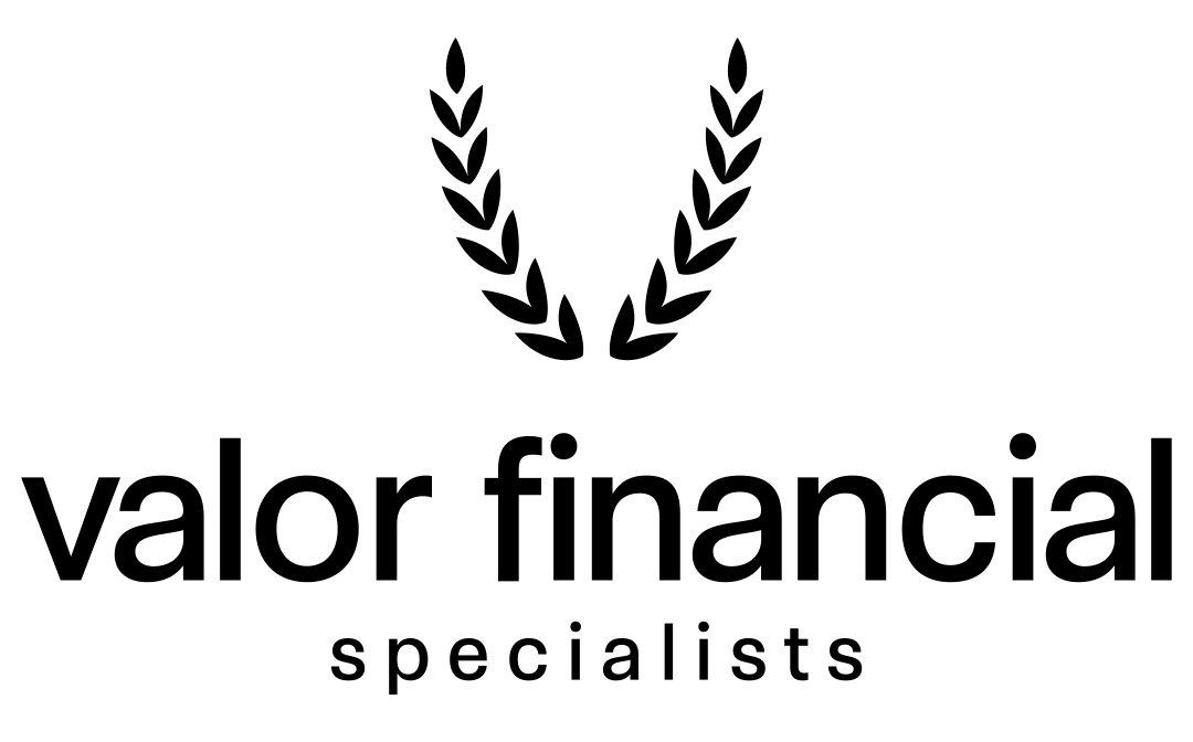 The logo for valor financial specialists has a laurel wreath on it.