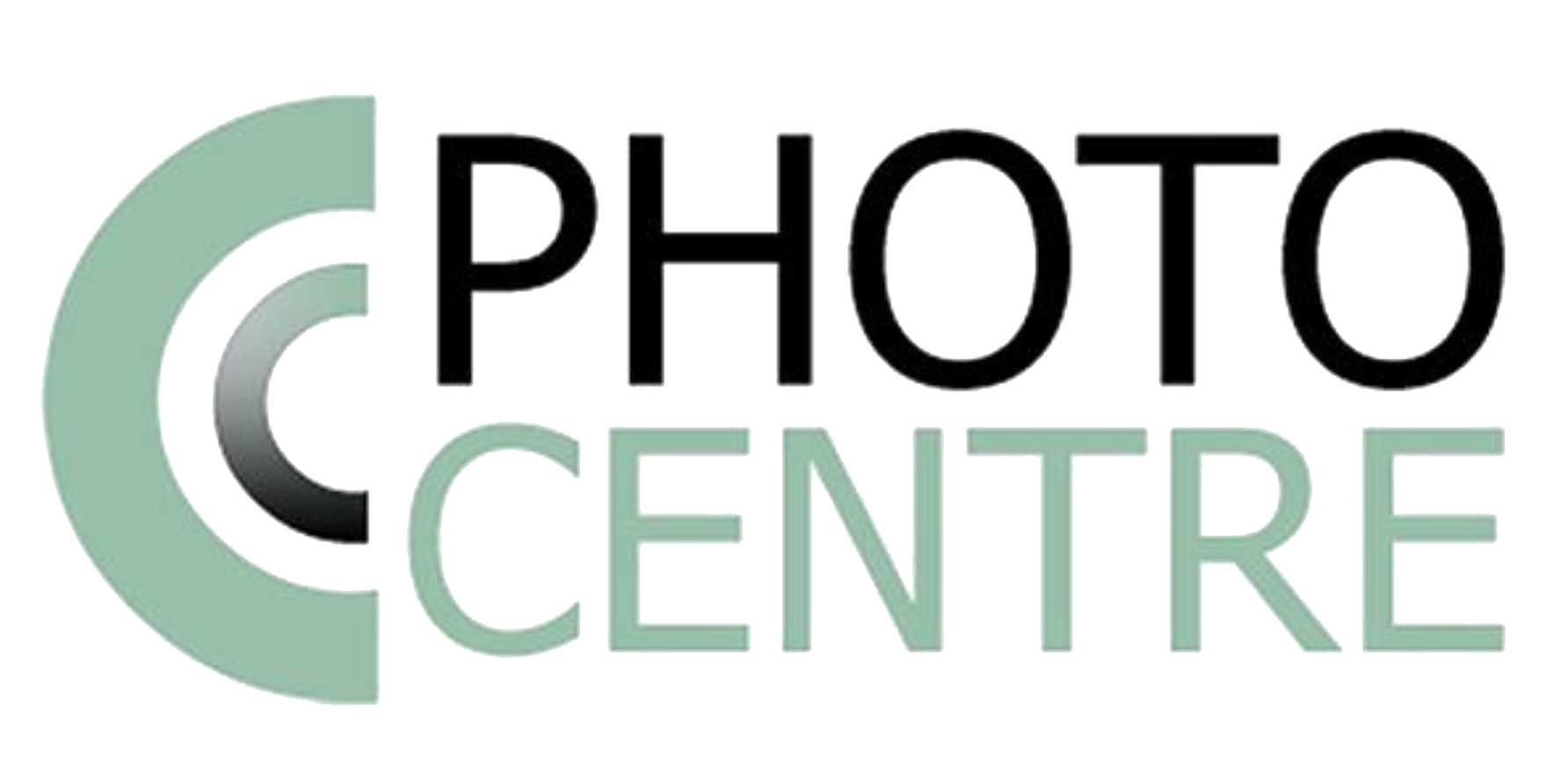 the logo for the photo centre is green and black .