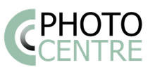 the logo for the photo centre is green and black .
