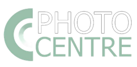 a logo for the photo centre with a green circle in the middle .