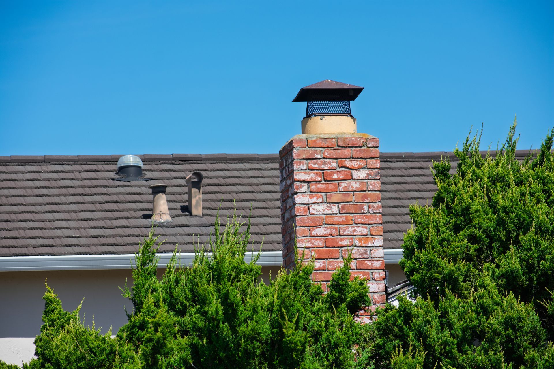 Brick chimney on a roof with a dark cap, against a blue sky, surrounded by green foliage.