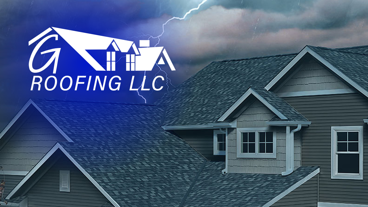 Roofing LLC logo over a blue-toned house roof background with lightning accents