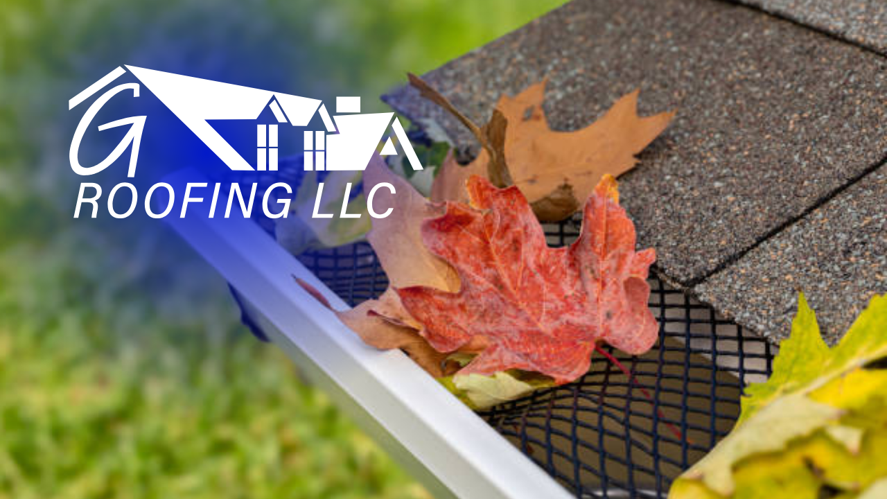 Roofing LLC logo over a roof edge with autumn leaves on shingles and gutter guard