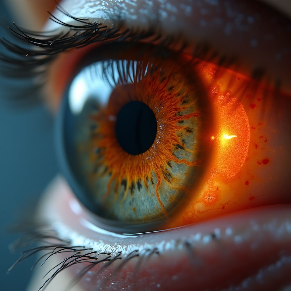 Close-up of an eye, with a hazel iris, eyelashes, and an orange, glowing effect.