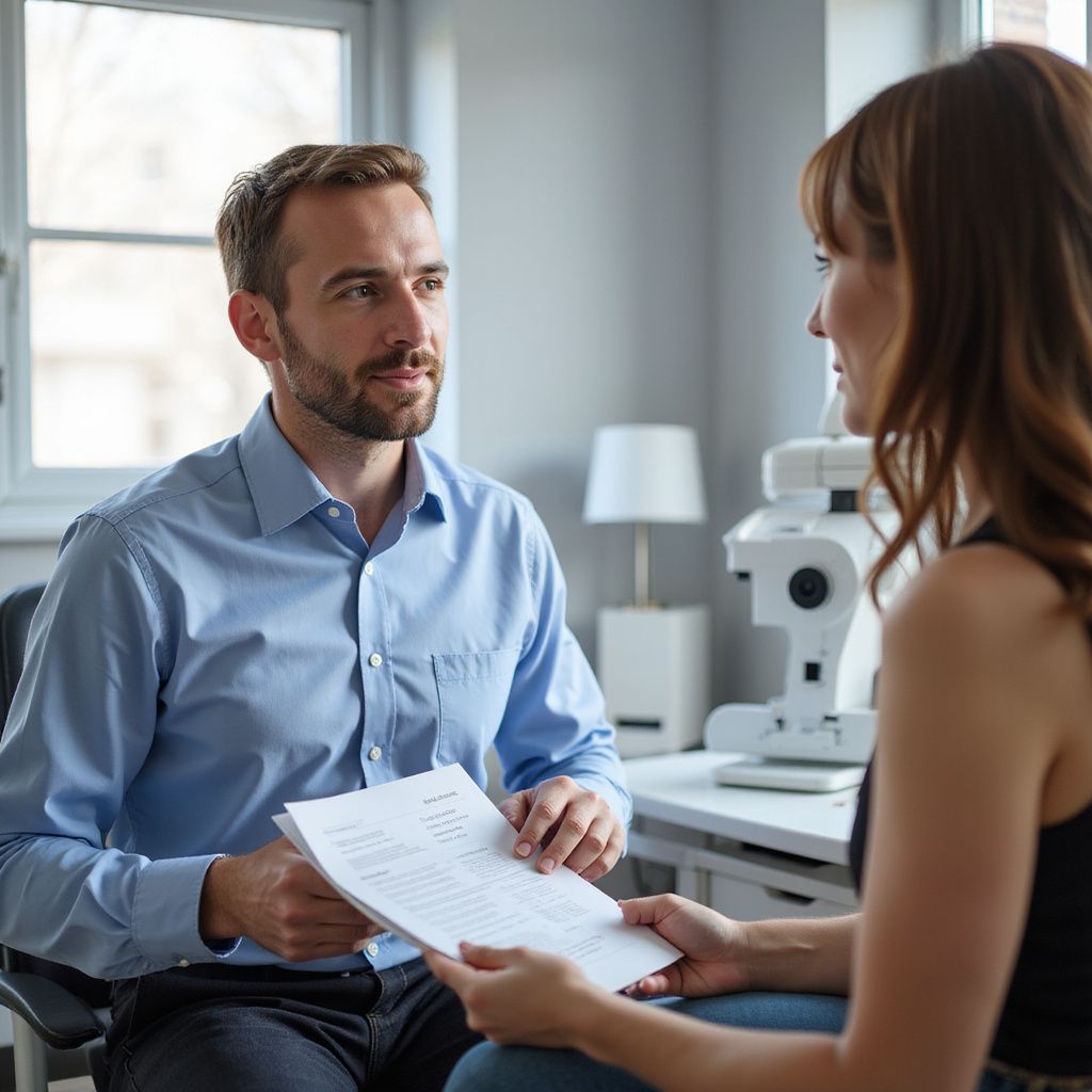 Man in blue shirt reviews paperwork with woman in medical office setting.