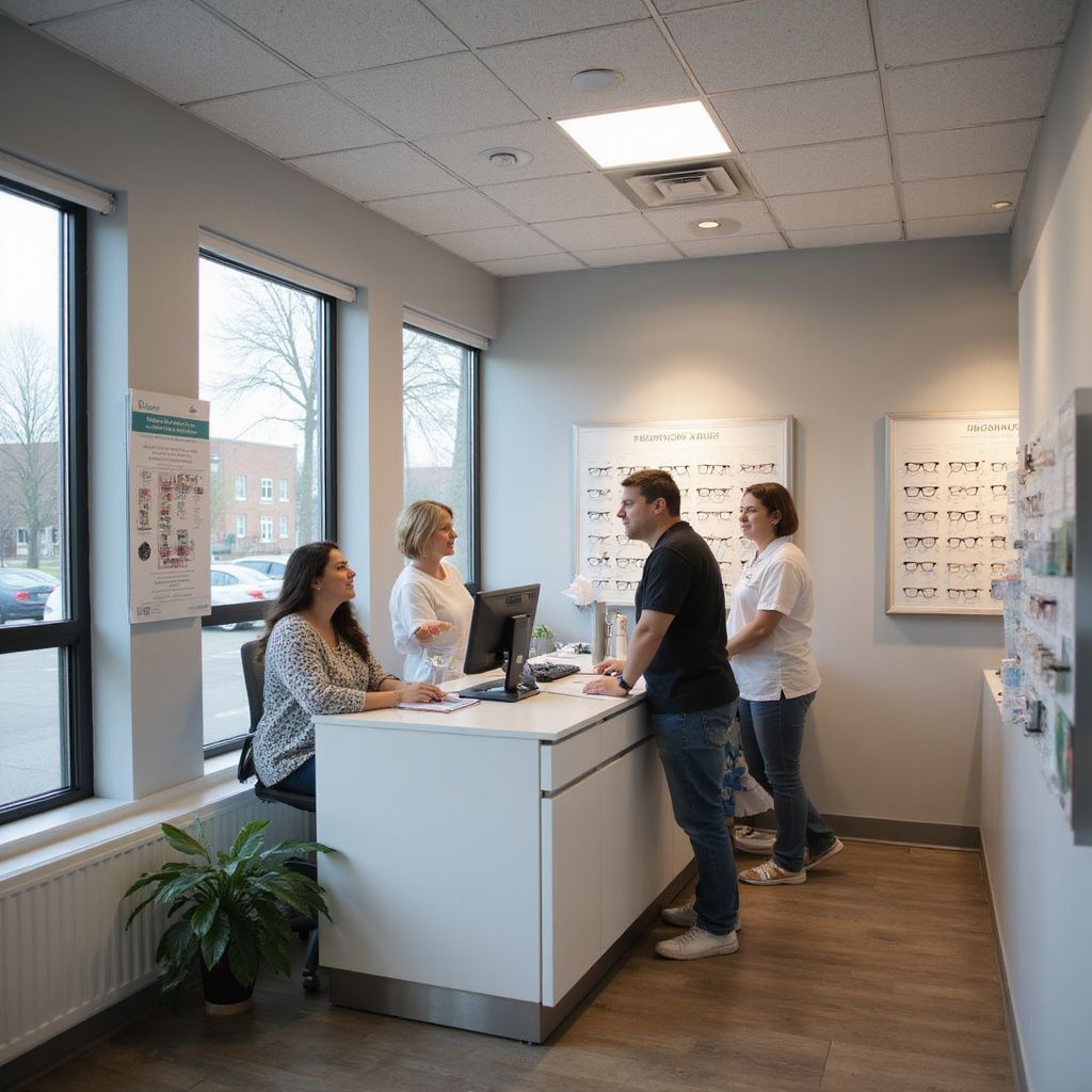 Reception area with people. Two women at a desk, two people approaching. Gray walls, windows.