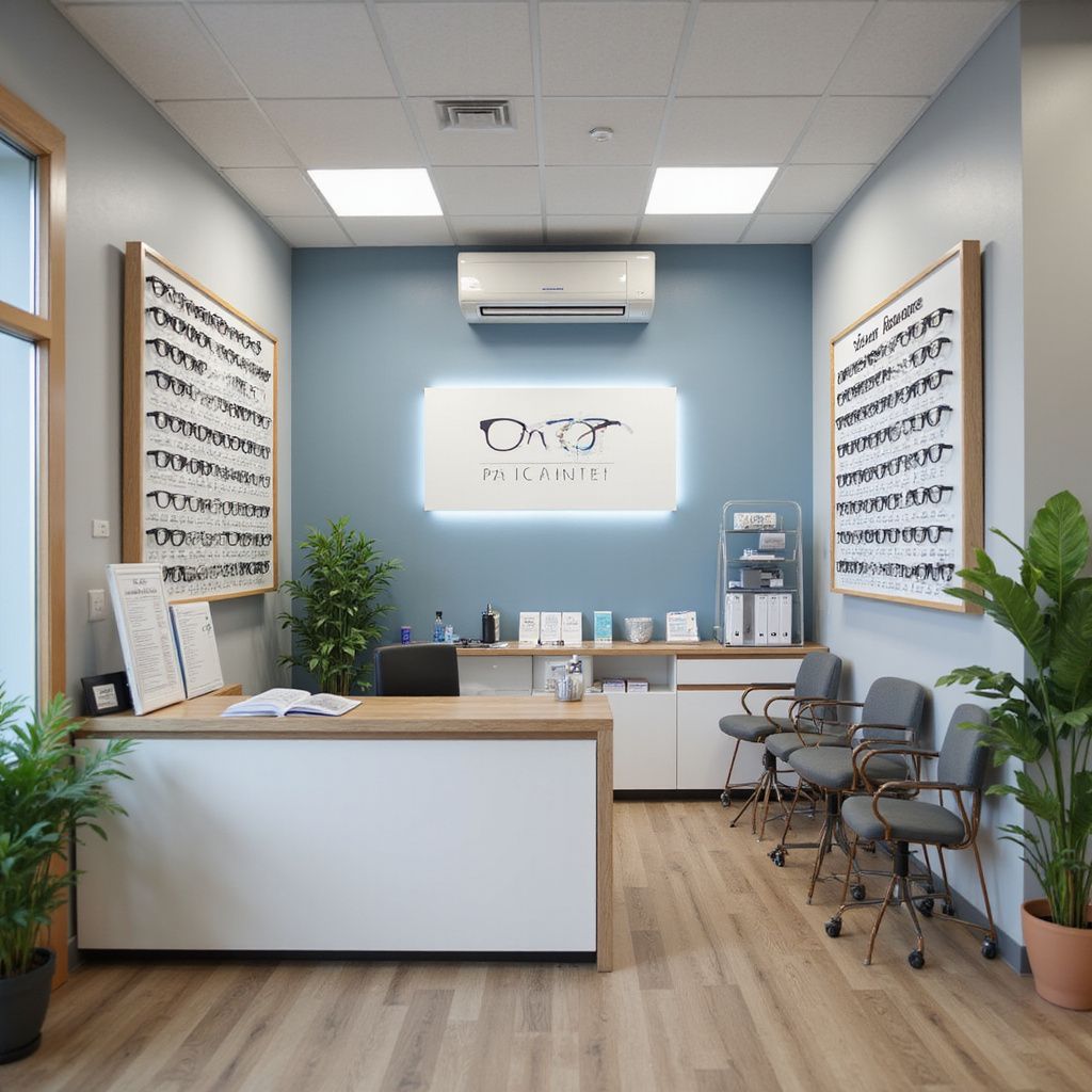 Reception area of an optometrist's office with eyeglasses displays, desk, chairs, and plants. Blue walls and wood floors.