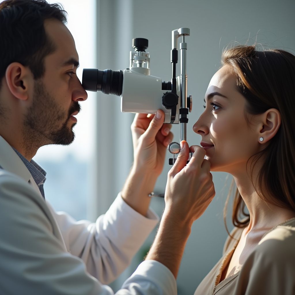 Optometrist examining a patient's eye with a slit lamp in a well-lit office.
