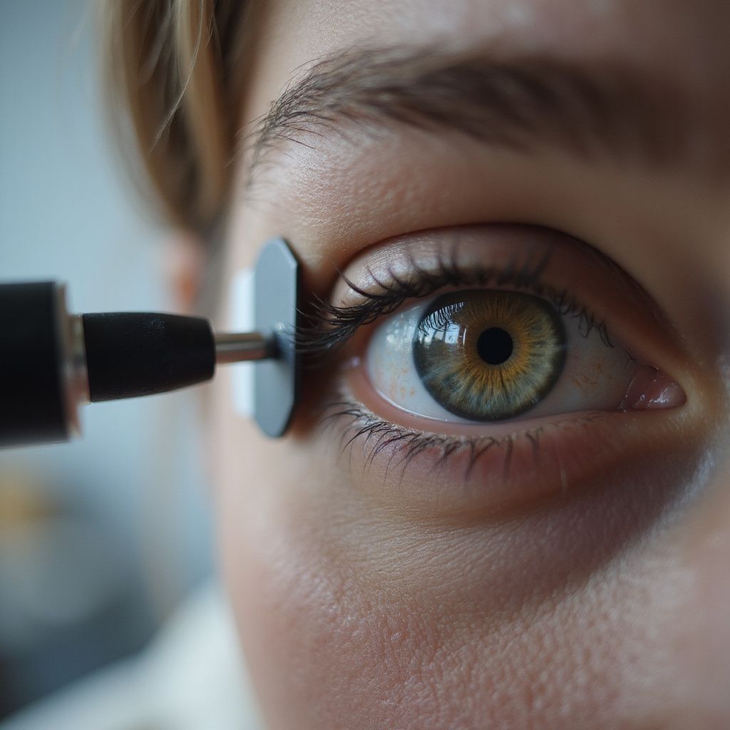 Close-up of eye exam, device near eye. Green and brown iris, light skin.