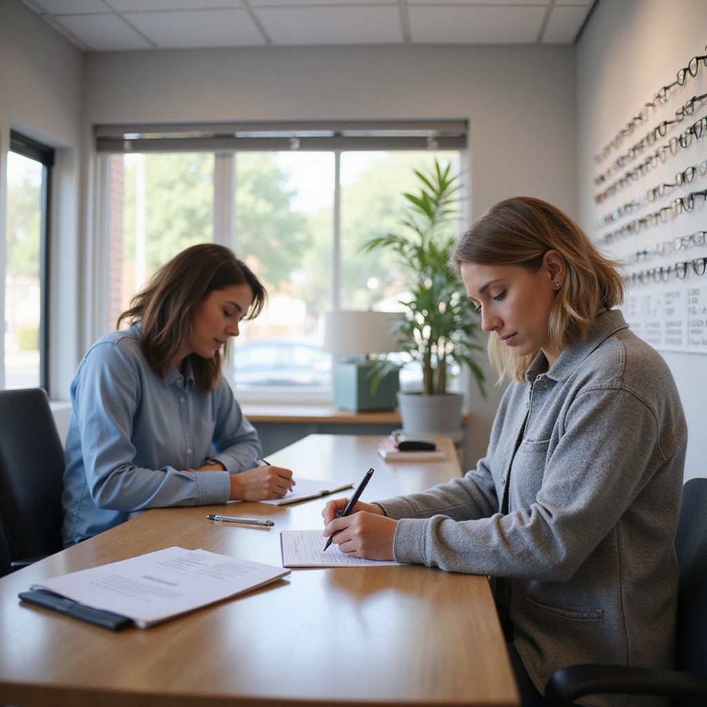 Two women writing at a table in an office, near a window and a display of eyeglasses.