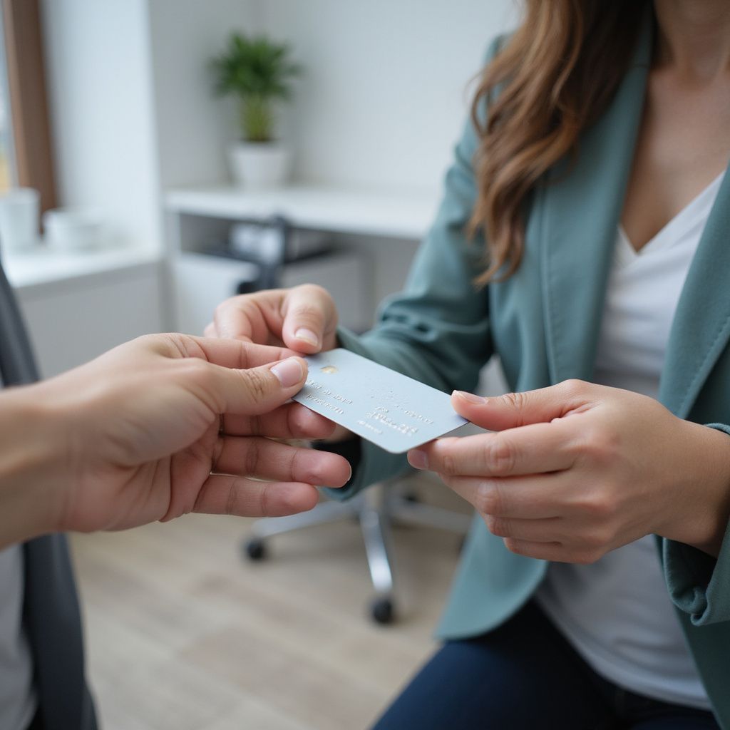 Person handing a credit card to another person indoors.