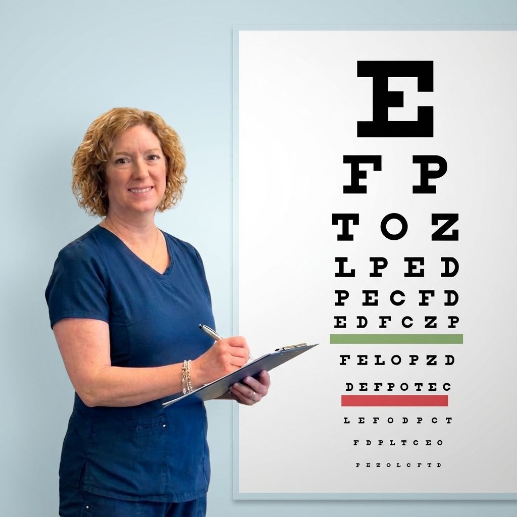 Optometrist in blue scrubs holding clipboard, standing beside eye chart.
